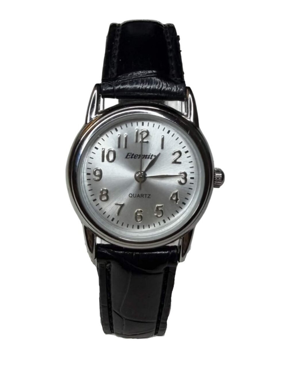 Eternity Quartz Watch Silver Dial Black Leather Strap Ladies Small Face 2cm